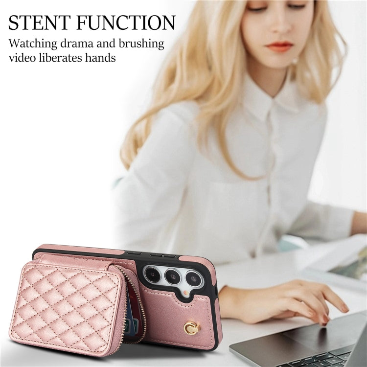 For Samsung Galaxy S24+ 5G AwQuer Crossbody Zipper Wallet Rhombic Leather Back Phone Case(Rose Gold) -  by Awquer | Online Shopping UK | buy2fix