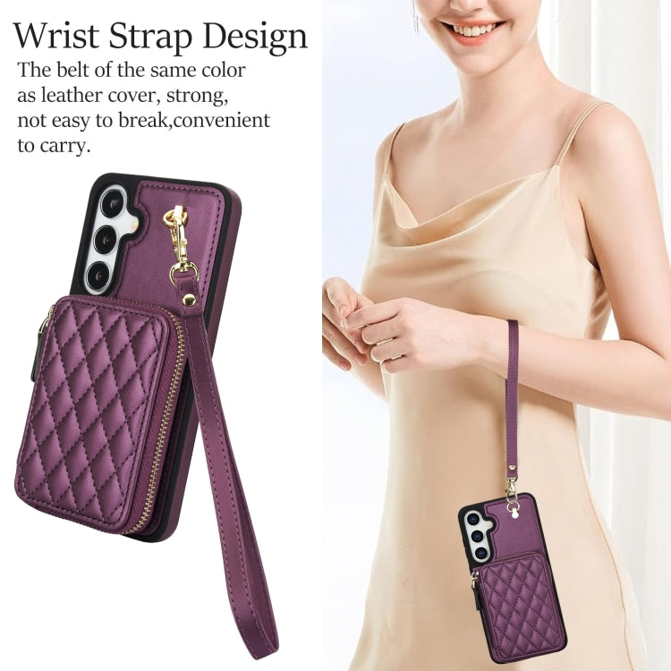 For Samsung Galaxy S24+ 5G AwQuer Crossbody Zipper Wallet Rhombic Leather Back Phone Case(Dark Purple) - by Awquer | Online Shopping UK | buy2fix