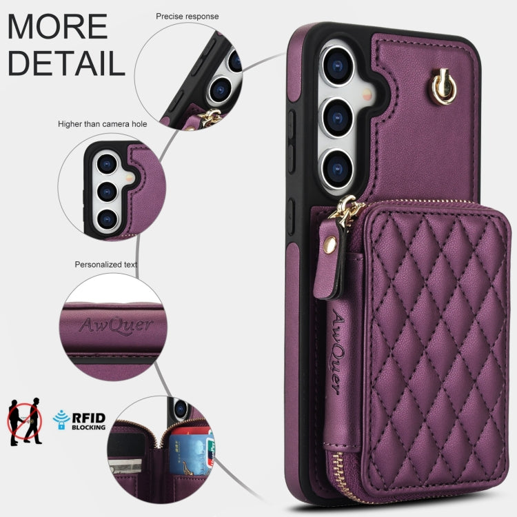 For Samsung Galaxy S24+ 5G AwQuer Crossbody Zipper Wallet Rhombic Leather Back Phone Case(Dark Purple) - by Awquer | Online Shopping UK | buy2fix