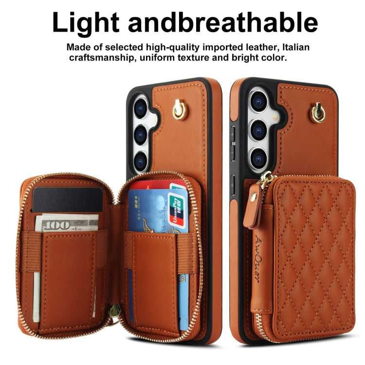 For Samsung Galaxy S24+ 5G AwQuer Crossbody Zipper Wallet Rhombic Leather Back Phone Case(Brown) - by Awquer | Online Shopping UK | buy2fix