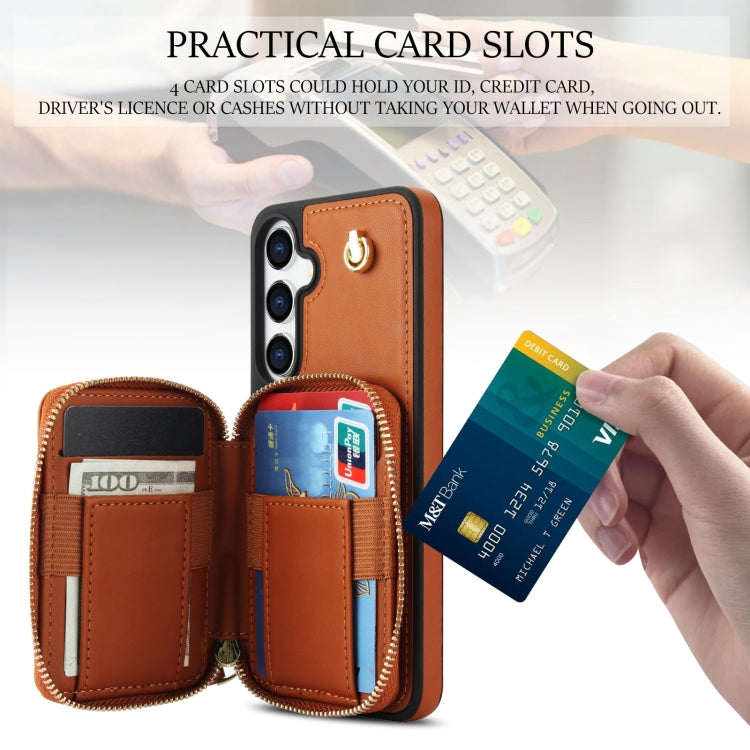 For Samsung Galaxy S24+ 5G AwQuer Crossbody Zipper Wallet Rhombic Leather Back Phone Case(Brown) - by Awquer | Online Shopping UK | buy2fix
