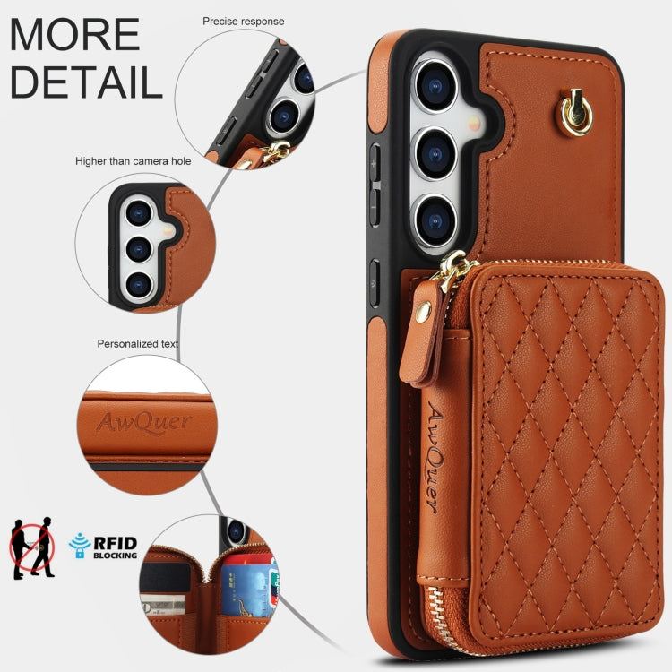 For Samsung Galaxy S24+ 5G AwQuer Crossbody Zipper Wallet Rhombic Leather Back Phone Case(Brown) - by Awquer | Online Shopping UK | buy2fix