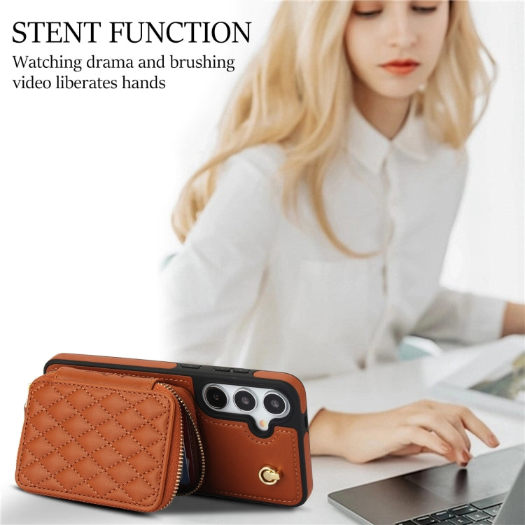 For Samsung Galaxy S24+ 5G AwQuer Crossbody Zipper Wallet Rhombic Leather Back Phone Case(Brown) -  by Awquer | Online Shopping UK | buy2fix