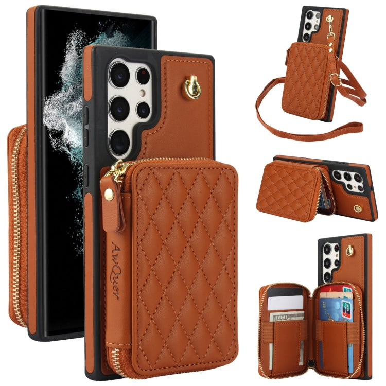For Samsung Galaxy S24 Ultra 5G AwQuer Crossbody Zipper Wallet Rhombic Leather Back Phone Case(Brown) - Galaxy S24 Ultra 5G Cases by Awquer | Online Shopping UK | buy2fix