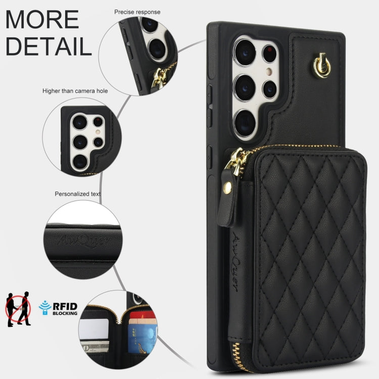 For Samsung Galaxy S22 Ultra 5G AwQuer Crossbody Zipper Wallet Rhombic Leather Back Phone Case(Black) - Galaxy S22 Ultra 5G Cases by Awquer | Online Shopping UK | buy2fix