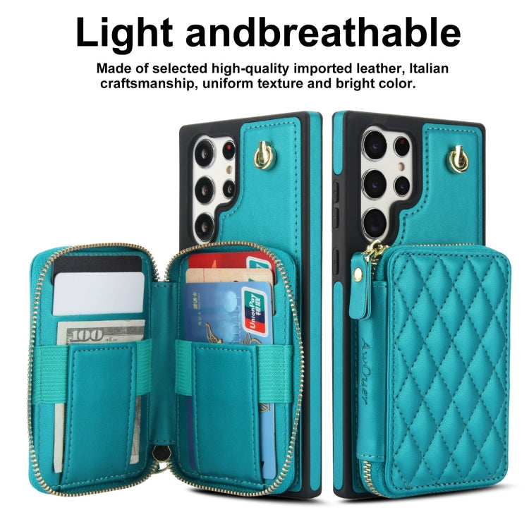 For Samsung Galaxy S22 Ultra 5G AwQuer Crossbody Zipper Wallet Rhombic Leather Back Phone Case(Green) - Galaxy S22 Ultra 5G Cases by Awquer | Online Shopping UK | buy2fix