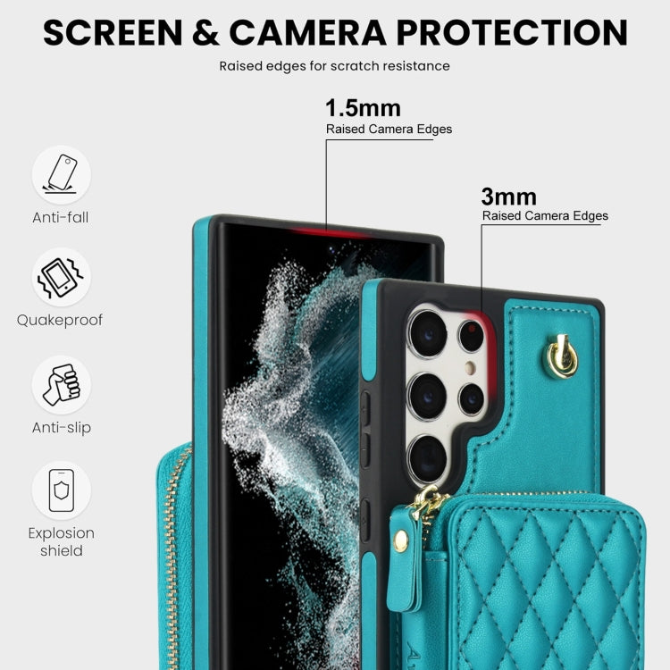 For Samsung Galaxy S22 Ultra 5G AwQuer Crossbody Zipper Wallet Rhombic Leather Back Phone Case(Green) - Galaxy S22 Ultra 5G Cases by Awquer | Online Shopping UK | buy2fix