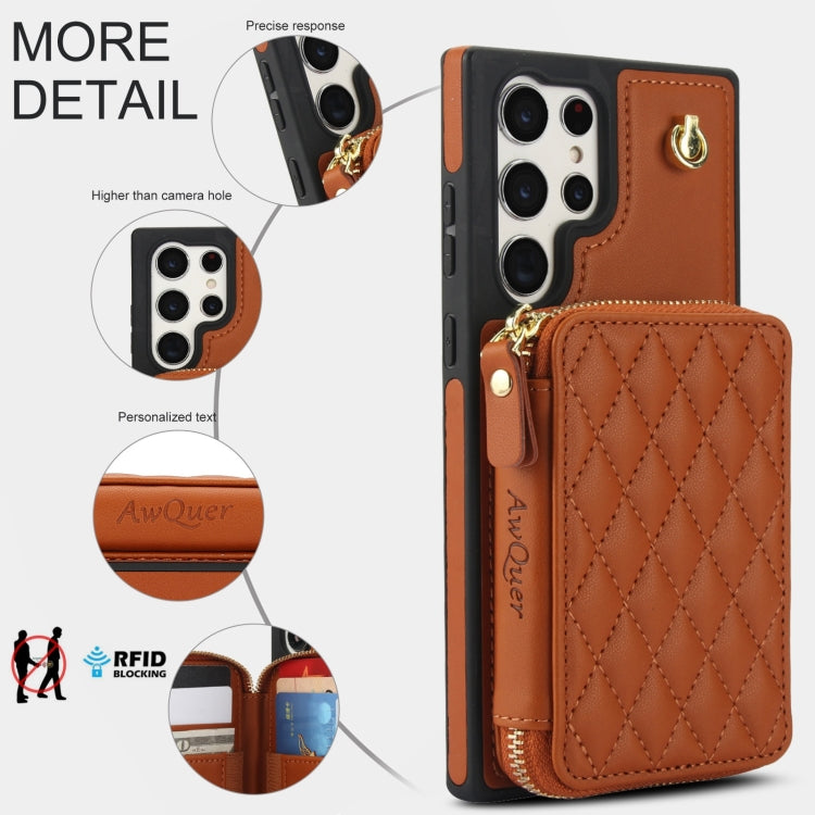 For Samsung Galaxy S22 Ultra 5G AwQuer Crossbody Zipper Wallet Rhombic Leather Back Phone Case(Brown) - Galaxy S22 Ultra 5G Cases by Awquer | Online Shopping UK | buy2fix