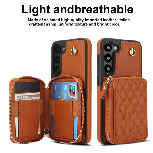 For Samsung Galaxy S23 5G AwQuer Crossbody Zipper Wallet Rhombic Leather Back Phone Case(Brown) - Galaxy S23 5G Cases by Awquer | Online Shopping UK | buy2fix
