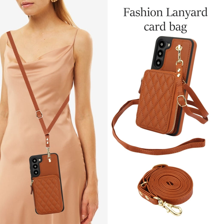 For Samsung Galaxy S23 5G AwQuer Crossbody Zipper Wallet Rhombic Leather Back Phone Case(Brown) - Galaxy S23 5G Cases by Awquer | Online Shopping UK | buy2fix
