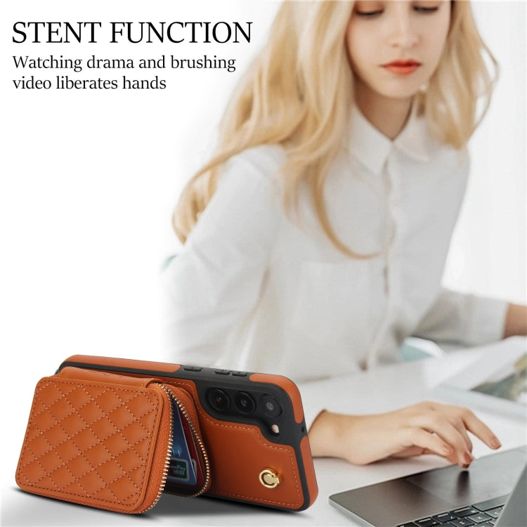 For Samsung Galaxy S23+ 5G AwQuer Crossbody Zipper Wallet Rhombic Leather Back Phone Case(Brown) - Galaxy S23+ 5G Cases by Awquer | Online Shopping UK | buy2fix