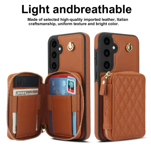 For Samsung Galaxy S23 FE 5G AwQuer Crossbody Zipper Wallet Rhombic Leather Back Phone Case(Brown) - Galaxy S23 FE 5G Cases by Awquer | Online Shopping UK | buy2fix