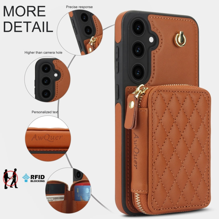 For Samsung Galaxy S23 FE 5G AwQuer Crossbody Zipper Wallet Rhombic Leather Back Phone Case(Brown) - Galaxy S23 FE 5G Cases by Awquer | Online Shopping UK | buy2fix
