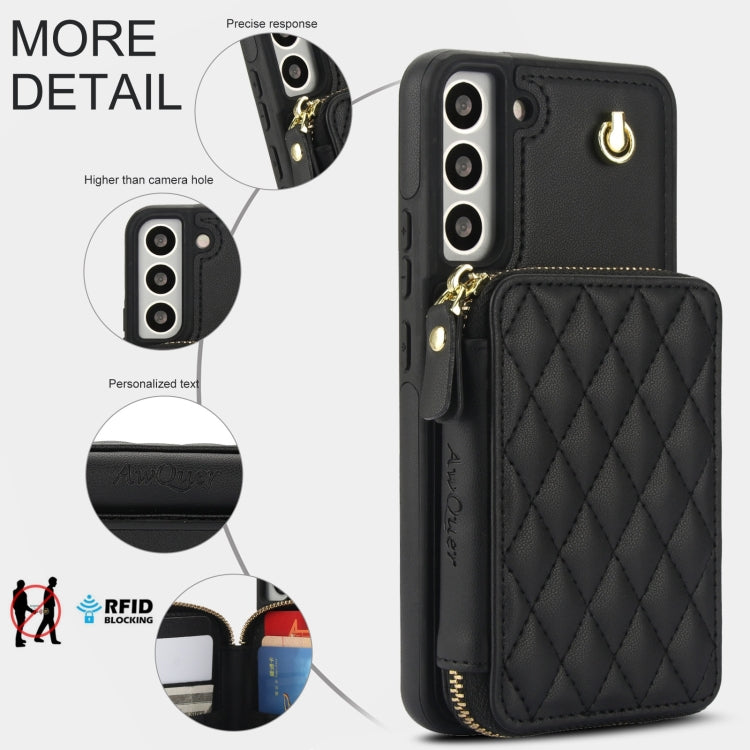 For Samsung Galaxy S22 5G AwQuer Crossbody Zipper Wallet Rhombic Leather Back Phone Case(Black) - Galaxy S22 5G Cases by Awquer | Online Shopping UK | buy2fix
