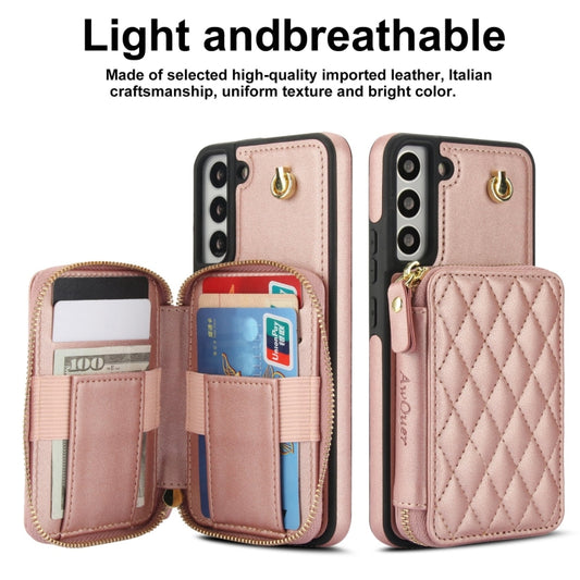 For Samsung Galaxy S22 5G AwQuer Crossbody Zipper Wallet Rhombic Leather Back Phone Case(Rose Gold) - Galaxy S22 5G Cases by Awquer | Online Shopping UK | buy2fix