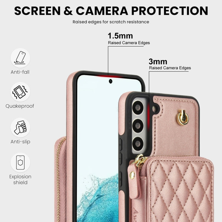 For Samsung Galaxy S22 5G AwQuer Crossbody Zipper Wallet Rhombic Leather Back Phone Case(Rose Gold) - Galaxy S22 5G Cases by Awquer | Online Shopping UK | buy2fix