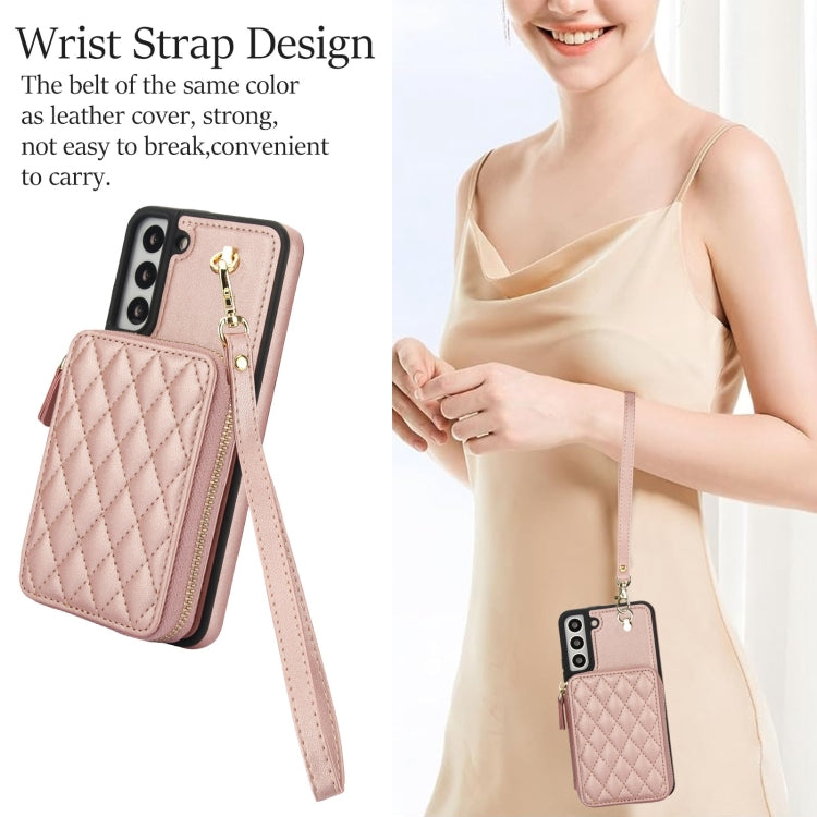 For Samsung Galaxy S22 5G AwQuer Crossbody Zipper Wallet Rhombic Leather Back Phone Case(Rose Gold) - Galaxy S22 5G Cases by Awquer | Online Shopping UK | buy2fix