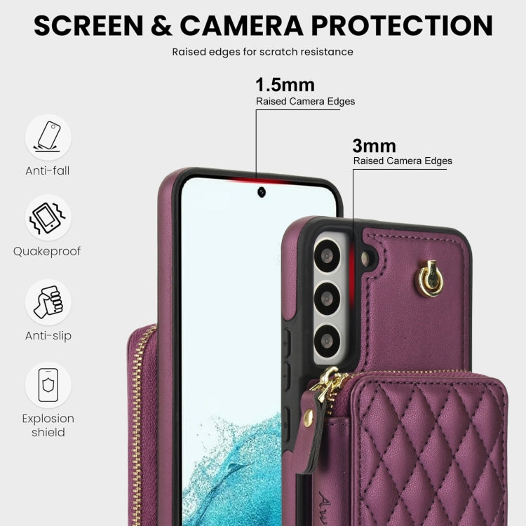 For Samsung Galaxy S22 5G AwQuer Crossbody Zipper Wallet Rhombic Leather Back Phone Case(Dark Purple) - Galaxy S22 5G Cases by Awquer | Online Shopping UK | buy2fix