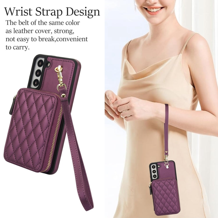 For Samsung Galaxy S22 5G AwQuer Crossbody Zipper Wallet Rhombic Leather Back Phone Case(Dark Purple) - Galaxy S22 5G Cases by Awquer | Online Shopping UK | buy2fix