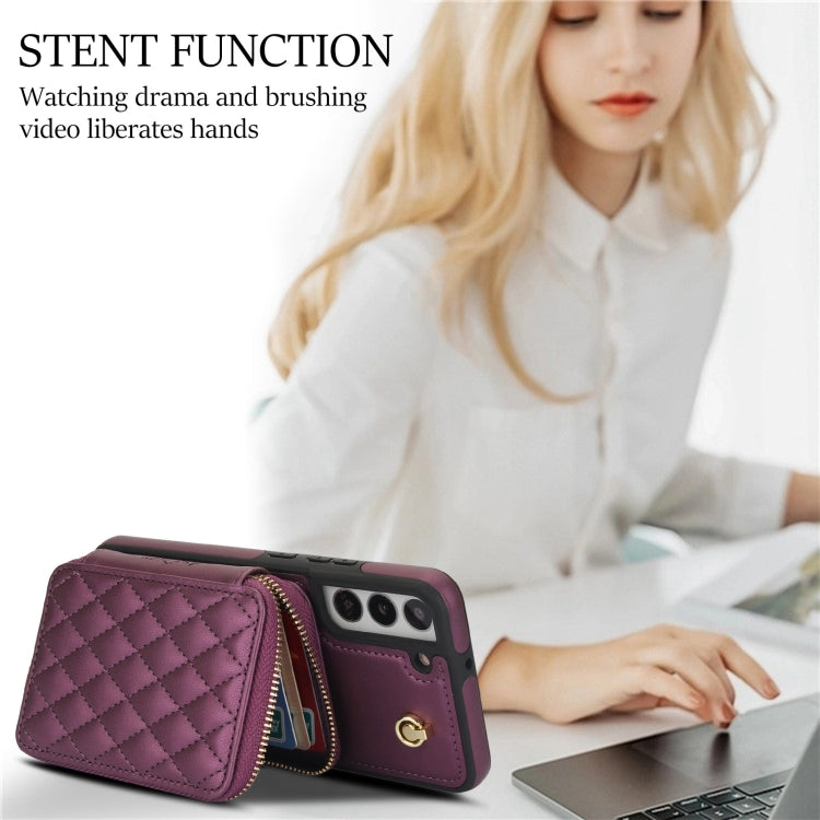 For Samsung Galaxy S22 5G AwQuer Crossbody Zipper Wallet Rhombic Leather Back Phone Case(Dark Purple) - Galaxy S22 5G Cases by Awquer | Online Shopping UK | buy2fix