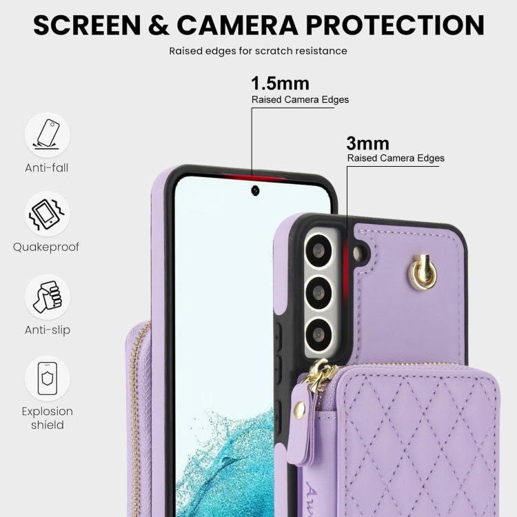 For Samsung Galaxy S22 5G AwQuer Crossbody Zipper Wallet Rhombic Leather Back Phone Case(Purple) - Galaxy S22 5G Cases by Awquer | Online Shopping UK | buy2fix