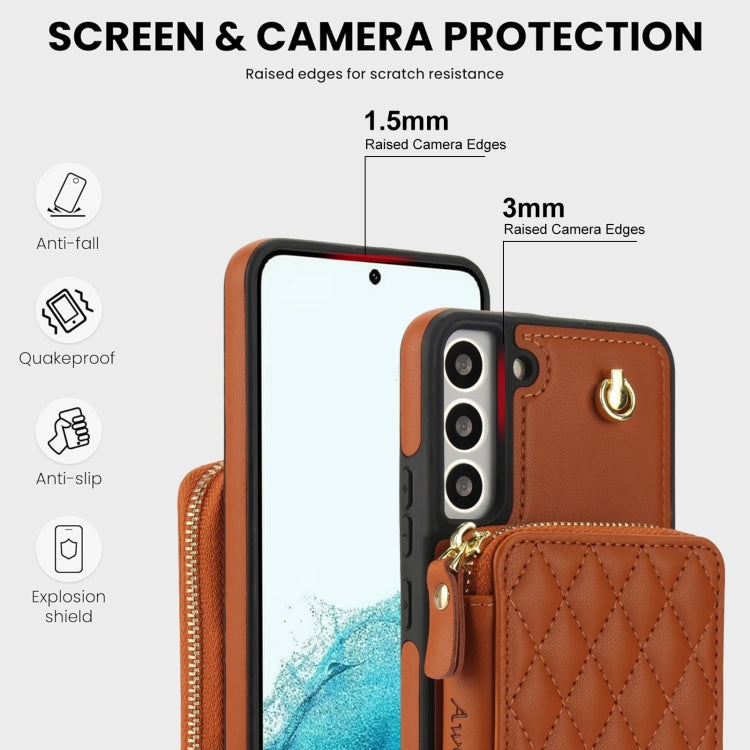 For Samsung Galaxy S22 5G AwQuer Crossbody Zipper Wallet Rhombic Leather Back Phone Case(Brown) - Galaxy S22 5G Cases by Awquer | Online Shopping UK | buy2fix
