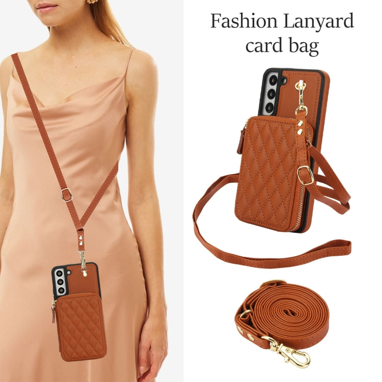 For Samsung Galaxy S22 5G AwQuer Crossbody Zipper Wallet Rhombic Leather Back Phone Case(Brown) - Galaxy S22 5G Cases by Awquer | Online Shopping UK | buy2fix
