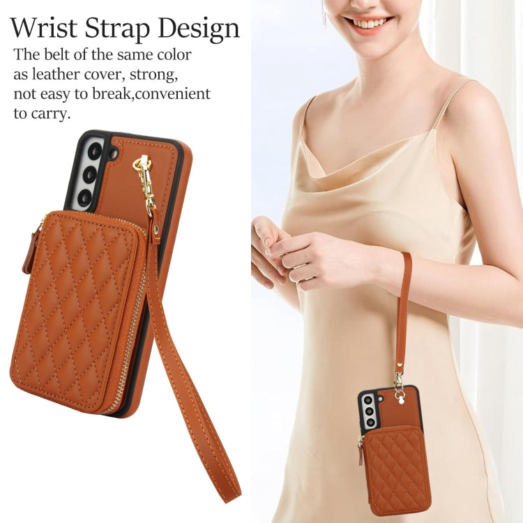 For Samsung Galaxy S22 5G AwQuer Crossbody Zipper Wallet Rhombic Leather Back Phone Case(Brown) - Galaxy S22 5G Cases by Awquer | Online Shopping UK | buy2fix