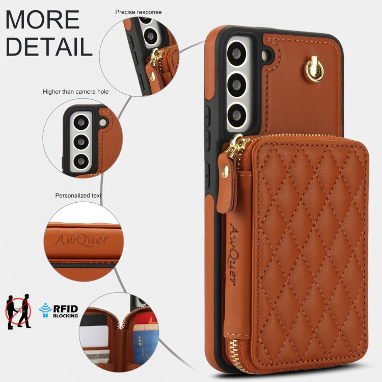 For Samsung Galaxy S22 5G AwQuer Crossbody Zipper Wallet Rhombic Leather Back Phone Case(Brown) - Galaxy S22 5G Cases by Awquer | Online Shopping UK | buy2fix