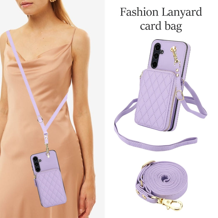 For Samsung Galaxy A55 5G AwQuer Crossbody Zipper Wallet Rhombic Leather Back Phone Case(Purple) - Galaxy Phone Cases by Awquer | Online Shopping UK | buy2fix