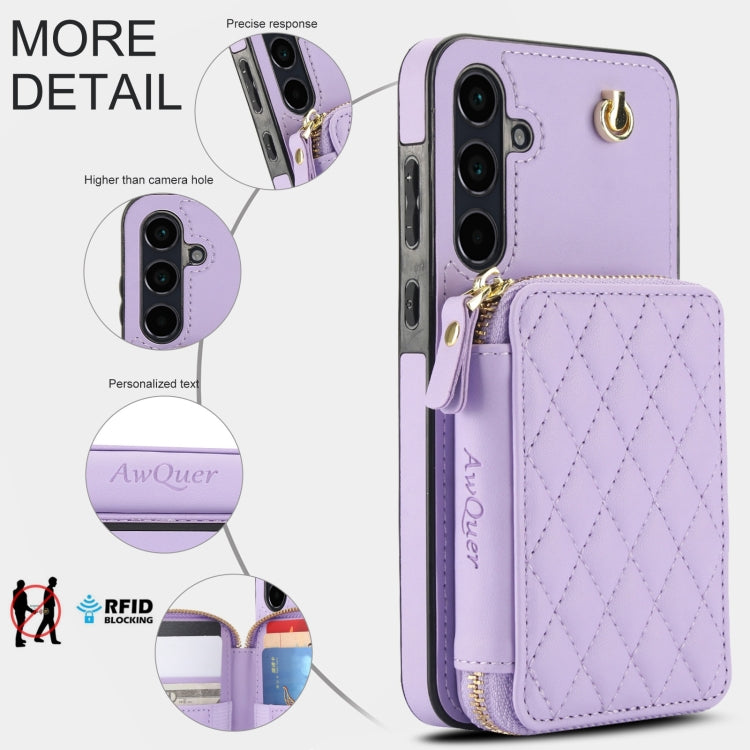 For Samsung Galaxy A55 5G AwQuer Crossbody Zipper Wallet Rhombic Leather Back Phone Case(Purple) - Galaxy Phone Cases by Awquer | Online Shopping UK | buy2fix