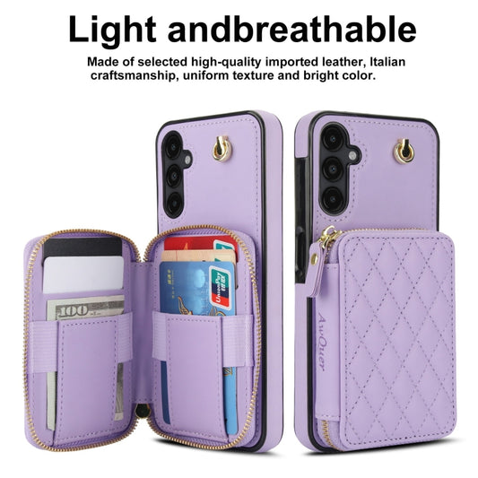 For Samsung Galaxy A14 4G / 5G AwQuer Crossbody Zipper Wallet Rhombic Leather Back Phone Case(Purple) - Galaxy Phone Cases by Awquer | Online Shopping UK | buy2fix
