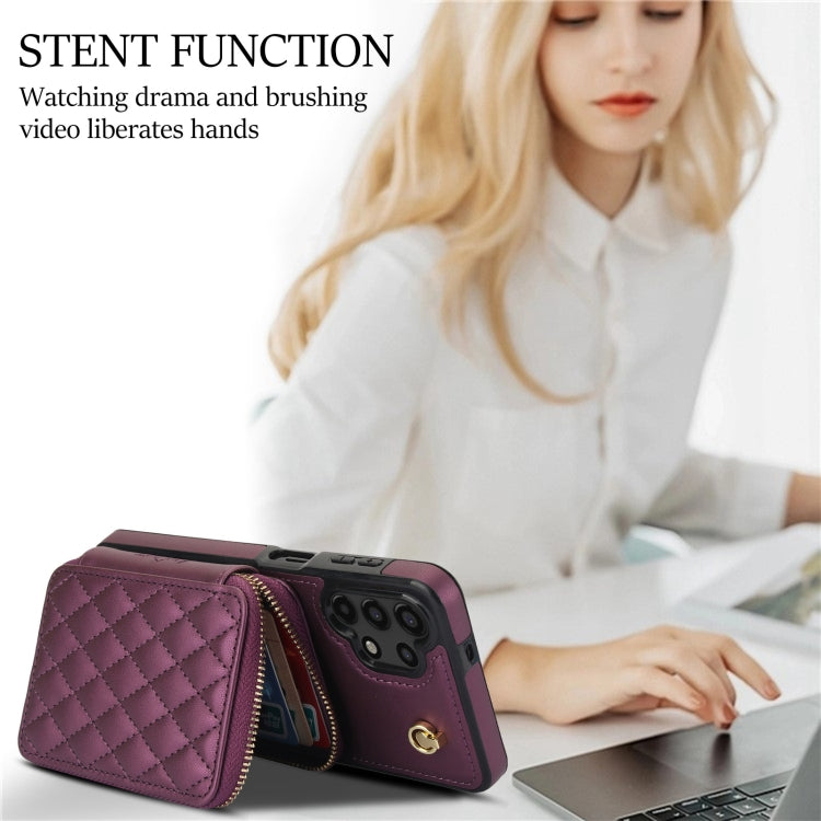 For Samsung Galaxy A13 4G / 5G AwQuer Crossbody Zipper Wallet Rhombic Leather Back Phone Case(Dark Purple) - Galaxy Phone Cases by Awquer | Online Shopping UK | buy2fix