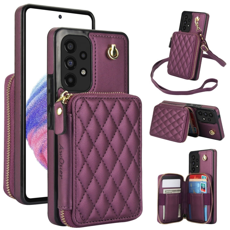 For Samsung Galaxy A73 4G / 5G AwQuer Crossbody Zipper Wallet Rhombic Leather Back Phone Case(Dark Purple) - Galaxy Phone Cases by Awquer | Online Shopping UK | buy2fix