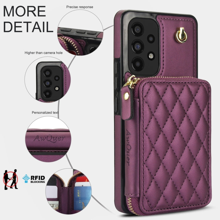 For Samsung Galaxy A73 4G / 5G AwQuer Crossbody Zipper Wallet Rhombic Leather Back Phone Case(Dark Purple) - Galaxy Phone Cases by Awquer | Online Shopping UK | buy2fix