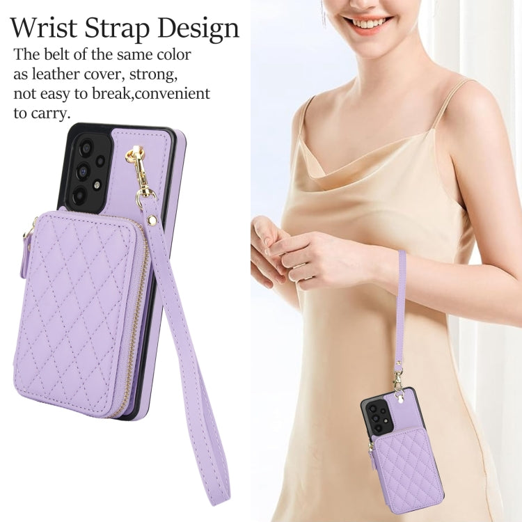 For Samsung Galaxy A73 4G / 5G AwQuer Crossbody Zipper Wallet Rhombic Leather Back Phone Case(Purple) - Galaxy Phone Cases by Awquer | Online Shopping UK | buy2fix