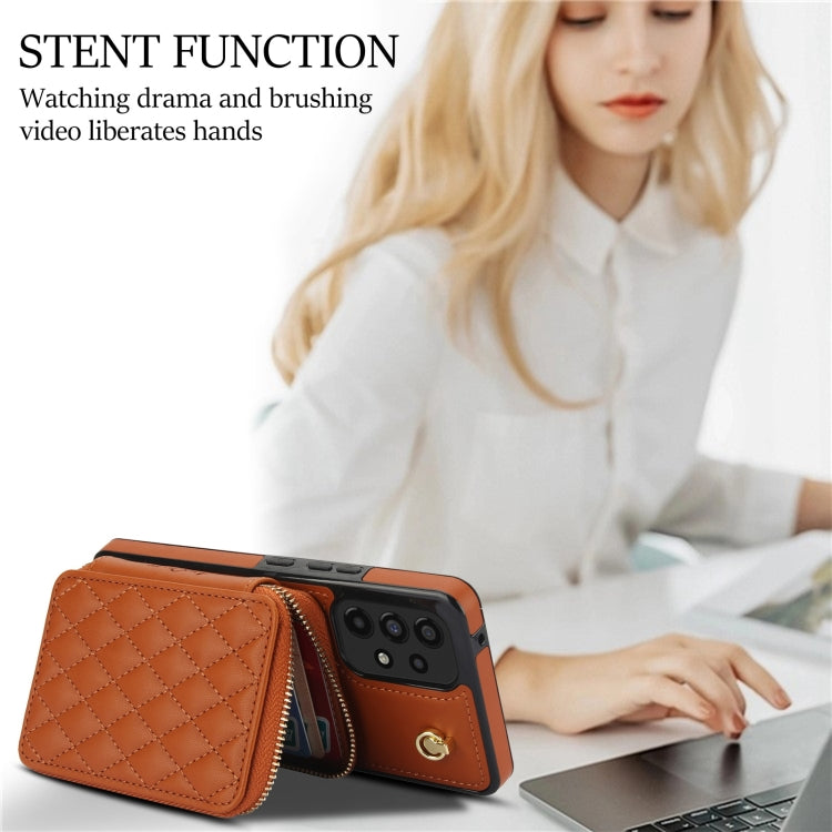 For Samsung Galaxy A73 4G / 5G AwQuer Crossbody Zipper Wallet Rhombic Leather Back Phone Case(Brown) - Galaxy Phone Cases by Awquer | Online Shopping UK | buy2fix