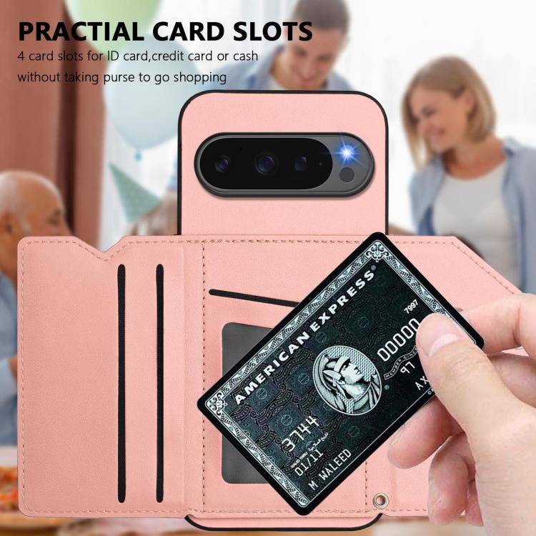 For Google Pixel 10 / 10 Pro Skin Feel Four Card Slots Phone Case with Wrist Strap(Pink) - Google Cases by buy2fix | Online Shopping UK | buy2fix