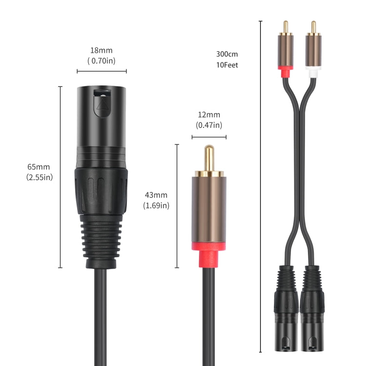 2 RCA Male to 2 XLR Male Audio Balance Cable, Length:3m(Black) by buy2fix