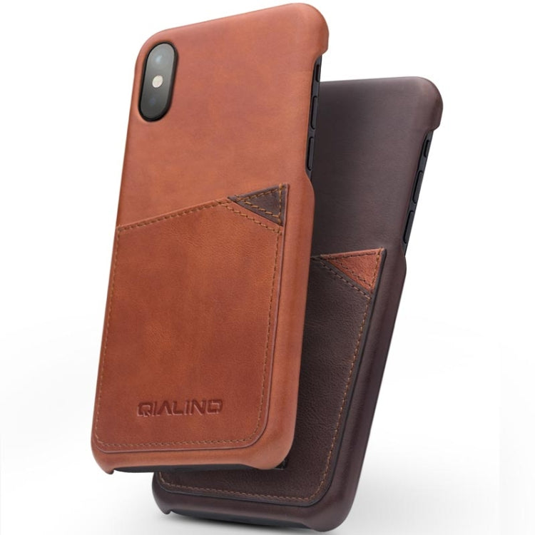 For iPhone X / XS QIALINO Shockproof Cowhide Leather Protective Case with Card Slot(Dark Brown) by QIALINO