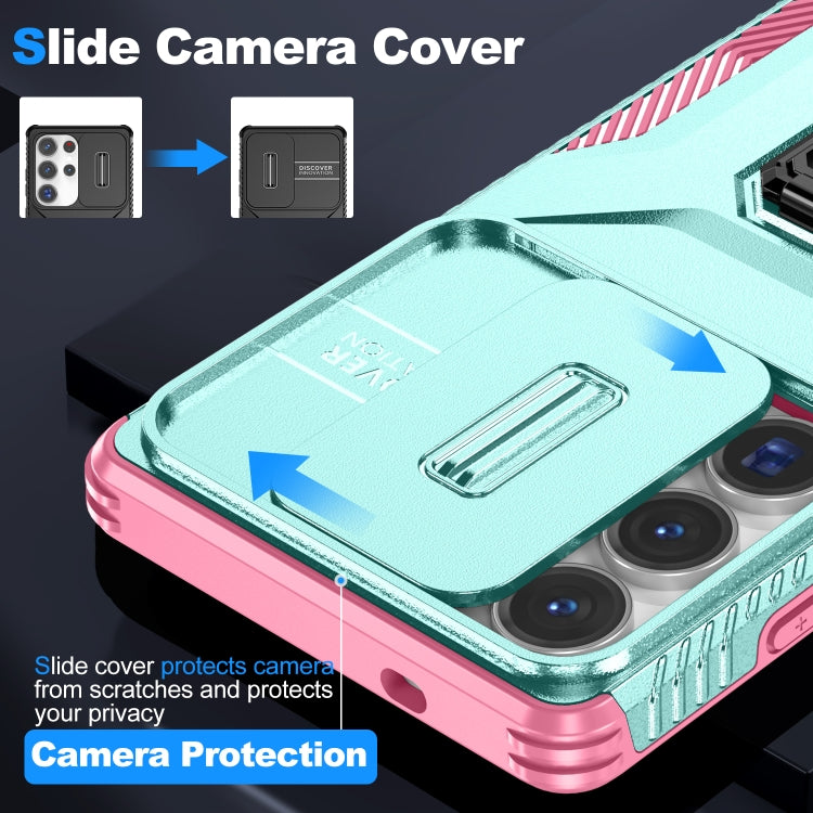 For Samsung Galaxy S25 Ultra 5G Sliding Camshield Holder Phone Case(Grey Green + Pink) by buy2fix