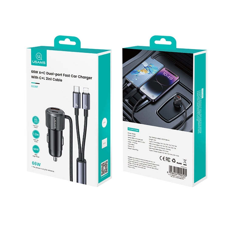 USAMS CC287 YT Series 66W USB and Type-C Dual Ports Car Fast Charger with 2 in 1 Cable(Black) by USAMS