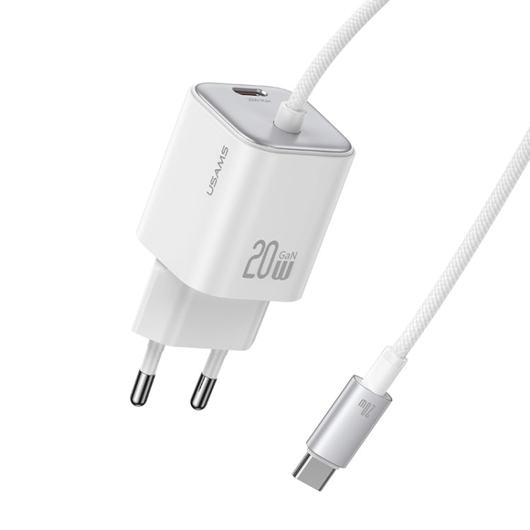 USAMS CC261 20W GaN Mini Type-C / USB-C Dual Port Fast Charger with Cable, EU Plug(White) - USB Charger by USAMS | Online Shopping UK | buy2fix
