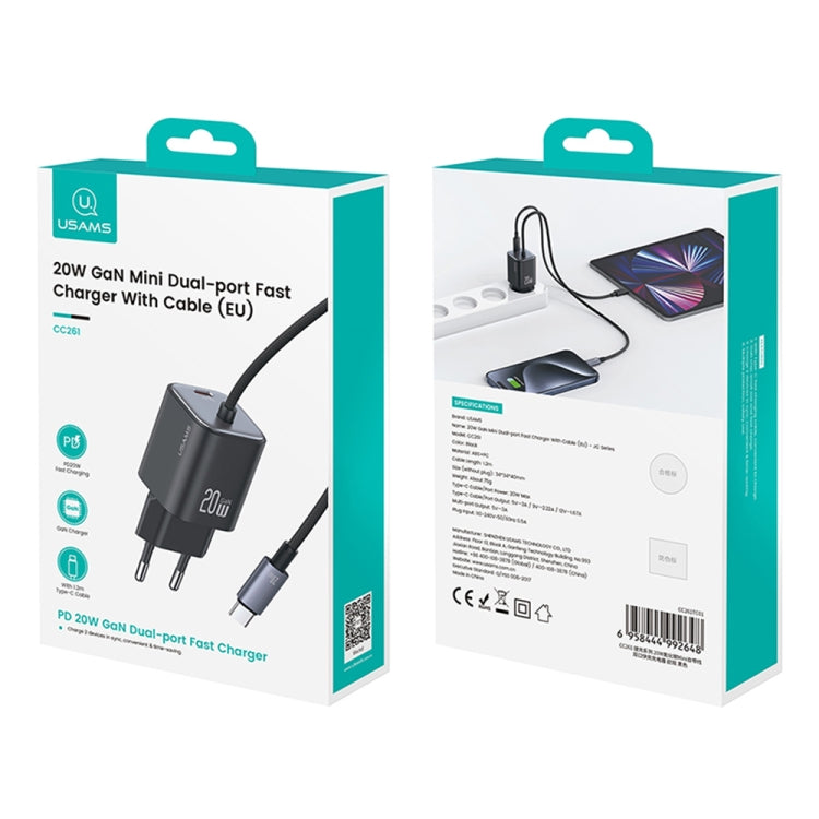 USAMS CC261 20W GaN Mini Type-C / USB-C Dual Port Fast Charger with Cable, EU Plug(Black) - USB Charger by USAMS | Online Shopping UK | buy2fix
