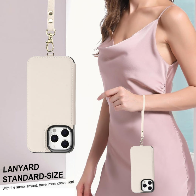 For iPhone 16 Pro Max Double Flap Zipper RFID Leather Phone Case with Short Lanyard(White) - iPhone 16 Pro Max Cases by buy2fix | Online Shopping UK | buy2fix