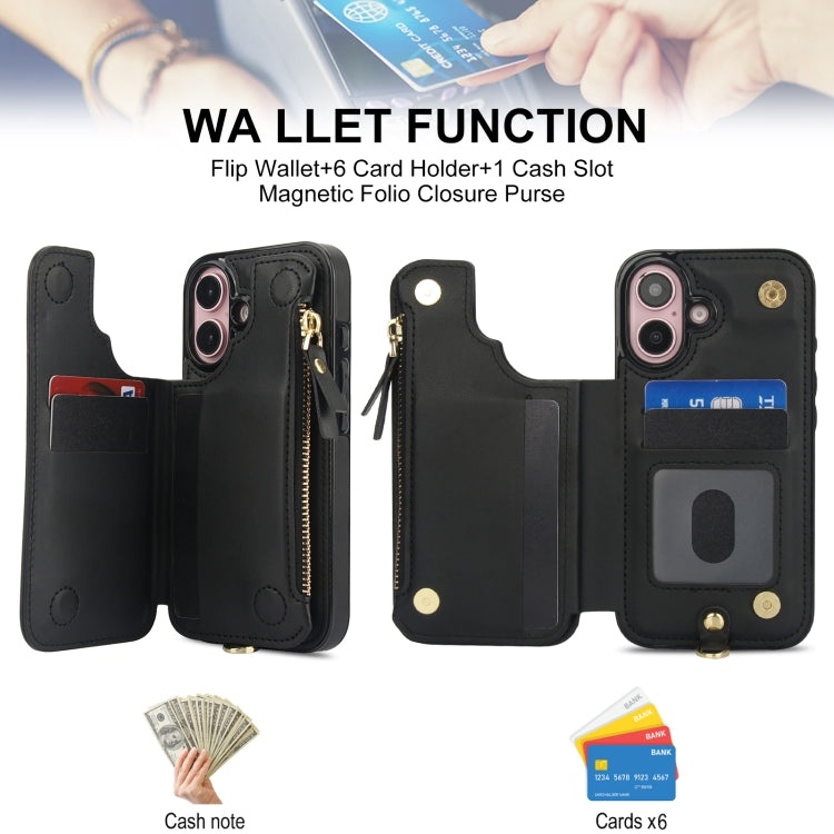 For iPhone 16 Plus Double Flap Zipper RFID Leather Phone Case with Short Lanyard(Black) - iPhone 16 Plus Cases by buy2fix | Online Shopping UK | buy2fix