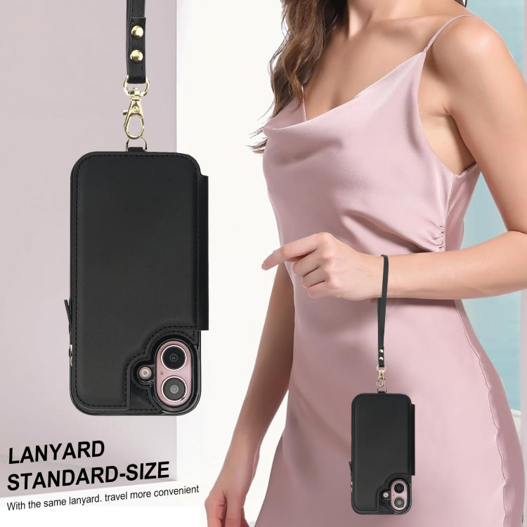 For iPhone 16 Plus Double Flap Zipper RFID Leather Phone Case with Short Lanyard(Black) - iPhone 16 Plus Cases by buy2fix | Online Shopping UK | buy2fix