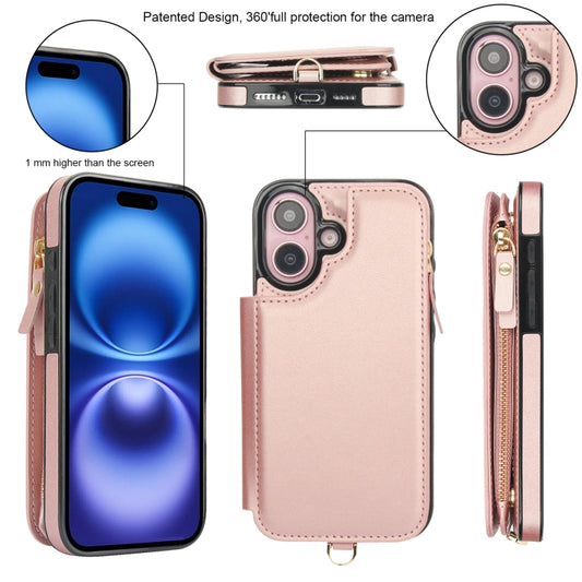 For iPhone 16 Plus Double Flap Zipper RFID Leather Phone Case with Short Lanyard(Rose Gold) - iPhone 16 Plus Cases by buy2fix | Online Shopping UK | buy2fix