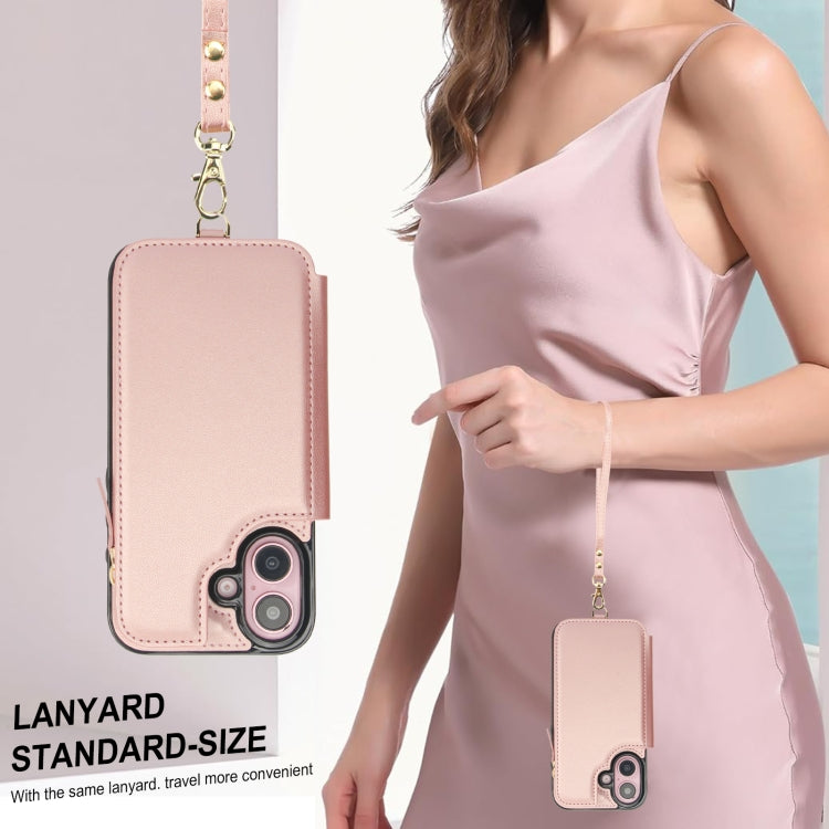 For iPhone 16 Plus Double Flap Zipper RFID Leather Phone Case with Short Lanyard(Rose Gold) - iPhone 16 Plus Cases by buy2fix | Online Shopping UK | buy2fix