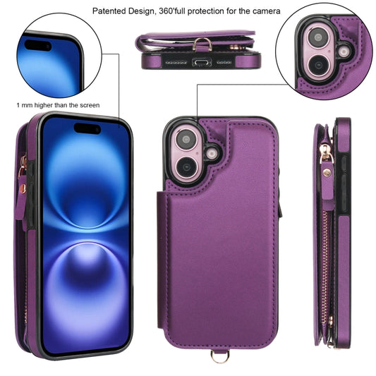 For iPhone 16 Plus Double Flap Zipper RFID Leather Phone Case with Short Lanyard(Dark Purple) - iPhone 16 Plus Cases by buy2fix | Online Shopping UK | buy2fix